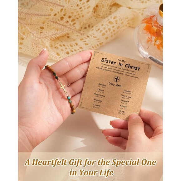 Christian Cross Bracelet for Women Natural Stone Steel Gift for Faith - Picture 4 of 6